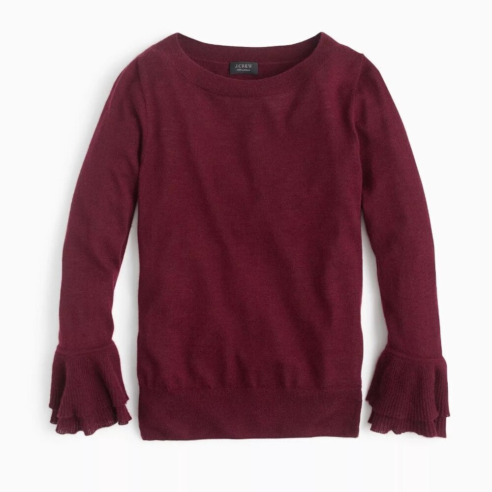 J.Crew Cashmere Boatneck Ruffle-Sleeve Burgundy Sweater Size S